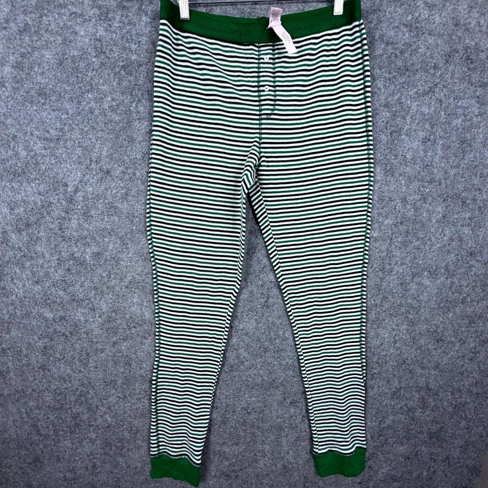 Victorias Secret Thermal Long Johns Pajama Pants Women Large Green Striped